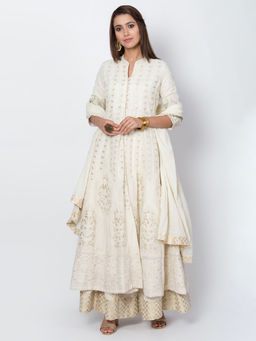 Biba - Off White Embellished Kurta & Lehenga With Dupatta (Set of 3)