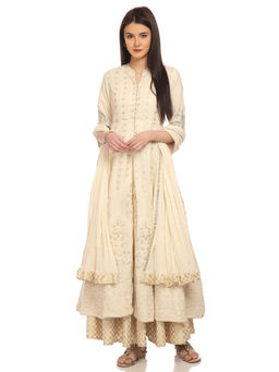 Biba - Off White Anarkali Embroidered Kurta With Lehenga And Dupatta (Set of 3)