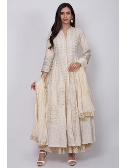 Biba - Off White Embroidered Anarkali With Lehenga And Dupatta (Set of 3)