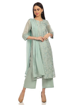 Biba - Sea Green Straight Embroidered Kurta With Palazzo And Dupatta (Set of 3)