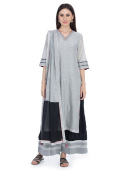 Biba - Grey Straight Striped Kurta With Palazzo And Dupatta (Set of 3)