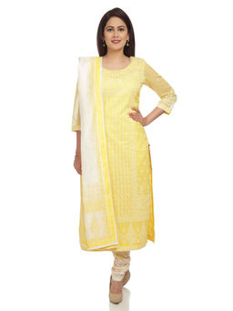 Biba - Yellow Straight Kurta With Churidar And Dupatta (Set of 3)