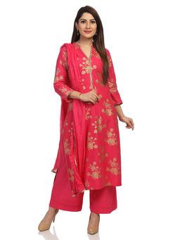 Biba - Pink Straight Printed Kurta With Palazzo And Dupatta (Set of 3)