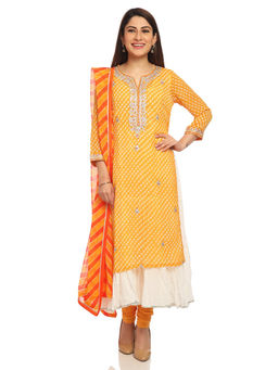 Biba - Yellow Straight Printed Kurta And Inner With Churidar And Dupatta (Set of 4)