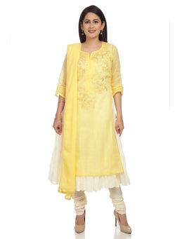 Biba - Yellow Straight Embroidered Kurta And Inner With Churidar And Dupatta (Set of 4)