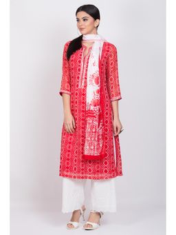 Biba - Red Printed Kurta With Palazzo And Dupatta (Set of 3)