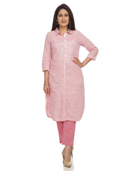 Biba - Pink Front Open Kurta With Pants (Set of 2)