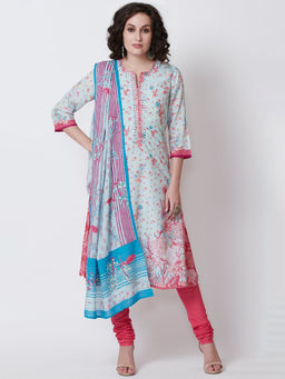 Biba - Blue Printed Kurta & Churidar With Dupatta (Set of 3)