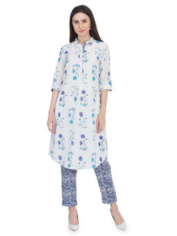 Biba - White Straight Printed Kurta With Pants (Set of 2)