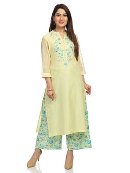 Biba - Yellow Embroidered Kurta With Palazzo (Set of 2)