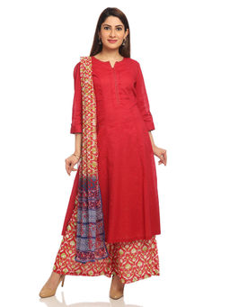 Biba - Red Solid Kurta With Palazzos & Dupatta (Set of 3)