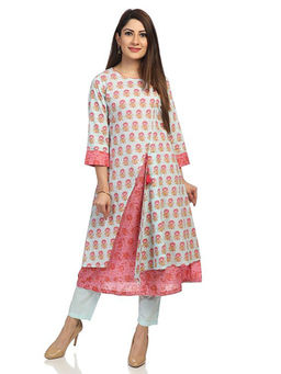 Biba - Blue Floral Kurta With Inner & Pants (Set of 3)