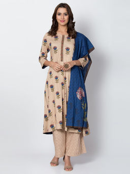 Biba - Beige Floral Kurta With Palazzo & Dupatta (Set of 3)