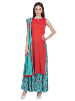 Biba - Red Straight Kurta With Palazzo And Dupatta (Set of 3)