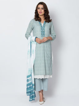 Biba - Off White Floral Front Open Kurta & Inner With Pants & Dupatta (Set of 4)