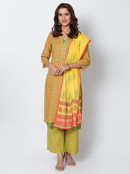 Biba - Yellow Floral Front Open Kurta & Inner With Pants & Dupatta (Set of 4)