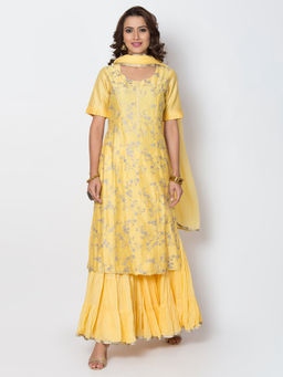 Biba - Yellow Embroidered Kurta With Palazzo & Dupatta (Set of 3)