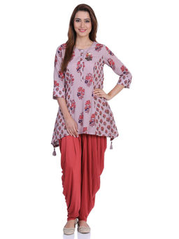 Biba - Dusty Pink Floral Kurti With Dhoti Pants (Set of 2)