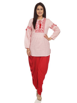 Biba - Red Embroidered Kurta With Dhoti Pants (Set of 2)