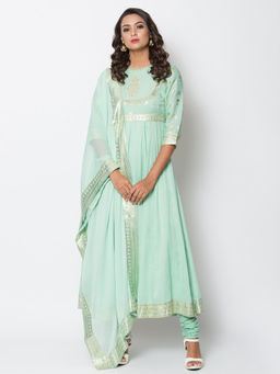 Biba - Green Solid Kurta With Churidar & Dupatta (Set of 3)