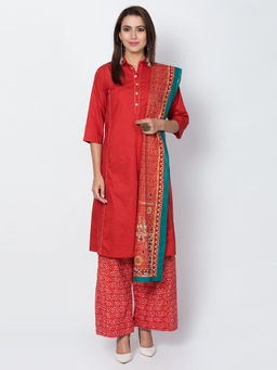 Biba - Red Solid Kurta With Pants & Dupatta (Set of 3)