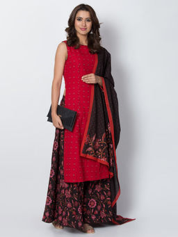 Biba - Red Solid Kurta With Palazzo & Dupatta (Set of 3)