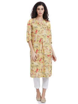 Biba - Yellow Straight Printed Kurta With Pants (Set of 2)