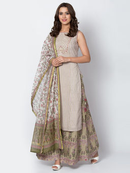 Biba - Beige Printed Kurta With Palazzo & Dupatta (Set of 3)