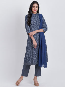 Biba - Navy Blue Floral Kurta With Pants & Dupatta (Set of 3)
