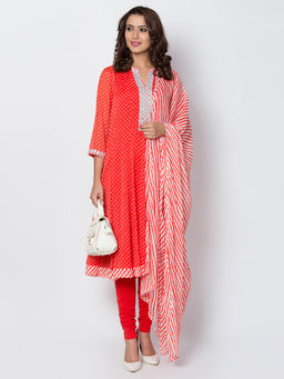 Biba - Red Printed Kurta With Churidar, Dupatta and Inner (Set of 4)