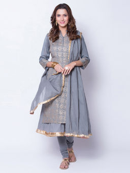 Biba - Grey Embellished Kalidar Kurta & Inner With Churidar & Dupatta (Set of 4)