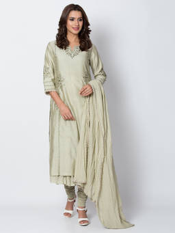Biba - Green Embroidered Kalidar Kurta & Inner With Churidar & Dupatta (Set of 4)