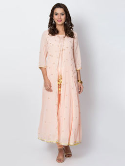Biba - Peach Embroidered Kalidar Kurta & Inner With Churidar & Dupatta (Set of 4)