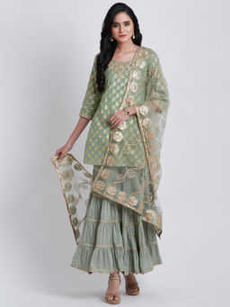 Biba - Green Printed Kurta With Sharara & Dupatta (Set of 3)