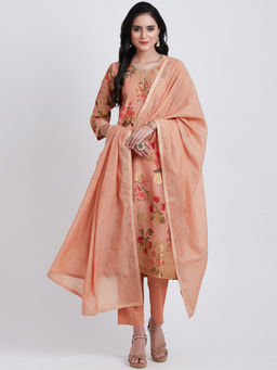 Biba - Peach Floral Kurta With Pants & Dupatta (Set of 3)