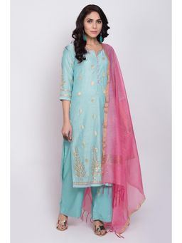 Biba - Blue Gota Work Kurta With Palazzo & Dupatta (Set of 3)