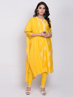 Biba - Yellow Printed Straight Kurta With Churidar And Dupatta (Set of 3)