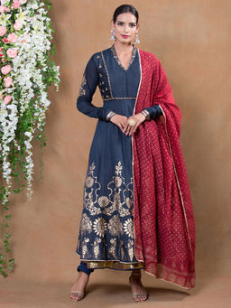 Biba - Navy Blue Kurta With Churidar & Dupatta (Set of 3)