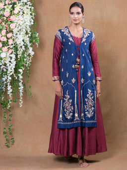 Biba - Maroon Embroidered Maxi Dress With Embroidered Jacket (Set of 2)