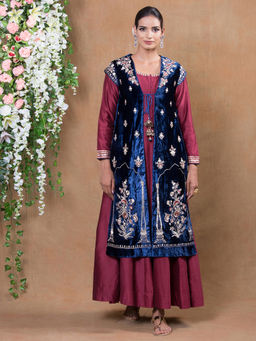 Biba - Maroon Embroidered Maxi Dress With Velvet Embroidered Jacket (Set of 2)