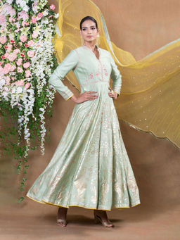 Biba - Green Printed Kurta With Churidar & Dupatta (Set of 3)