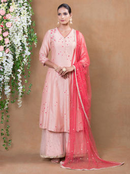 Biba - Peach Printed Kurta With Palazzos & Dupatta (Set of 3)