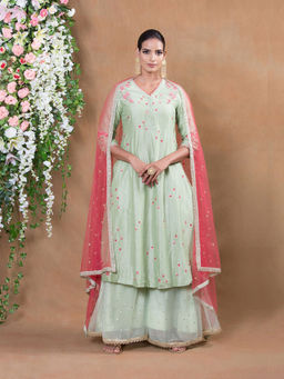 Biba - Green Printed Kurta With Palazzos & Dupatta (Set of 3)