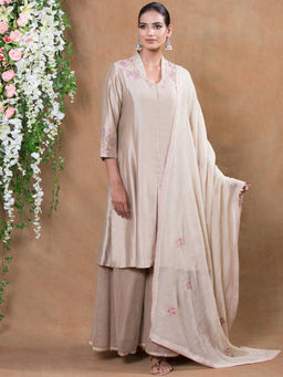 Biba - Beige Solid Front Open Kurta With Palazzos & Dupatta (Set of 3)