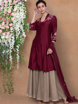 Biba - Wine Solid Front Open Kurta With Palazzos & Dupatta (Set of 3)