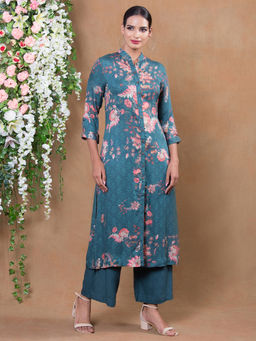Biba - Blue Floral Kurta With Palazzos (Set of 2)