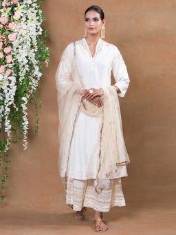 Biba - White Solid Kurta With Flared Palazzos & Dupatta (Set of 3)
