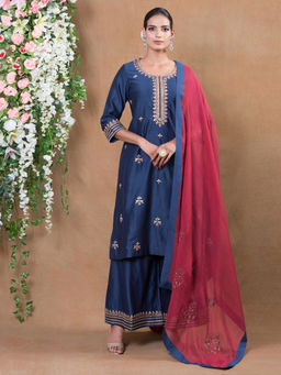 Biba - Blue Embroidered Kurta With Palazzo & Dupatta (Set of 3)