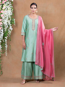 Biba - Green Embroidered Straight Cut Kurta With Palazzos & Dupatta (Set of 3)