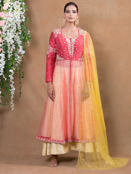 Biba - Pink Embellished Front Open Kurta With Palazzo & Dupatta (Set of 3)